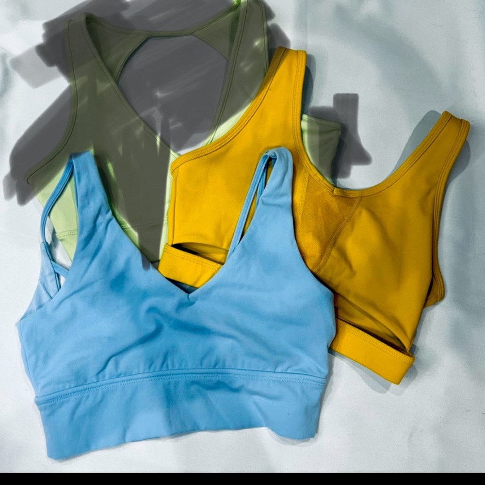 BuffBunny Sports Bras in Sky Blue, Mustard Yellow, and Olive Green